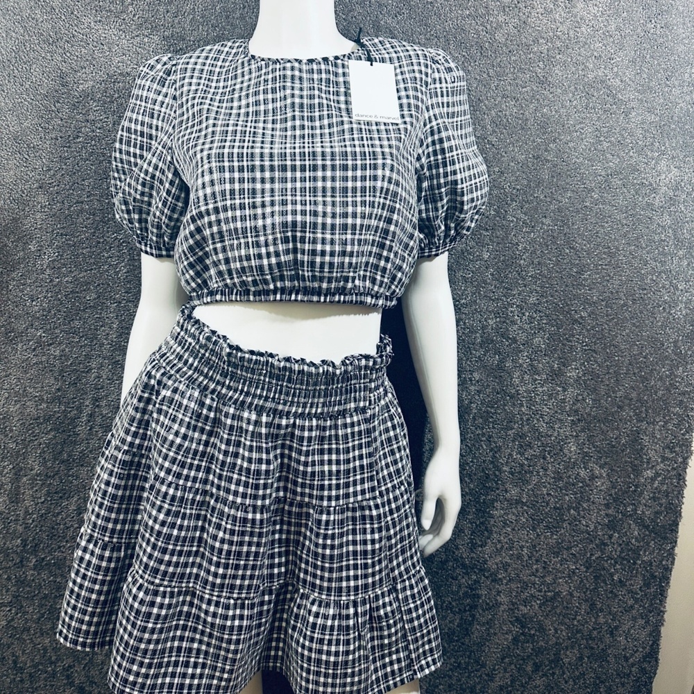 Two Piece Plaid Black & White Sequin Crop Top And Skirt Set Medium Grunge